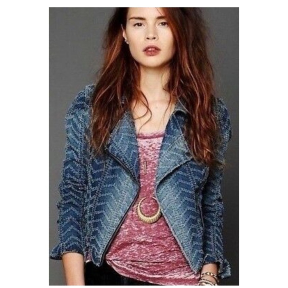 Free People Blue Chevron Jean Jacket with Faded Denim Wash